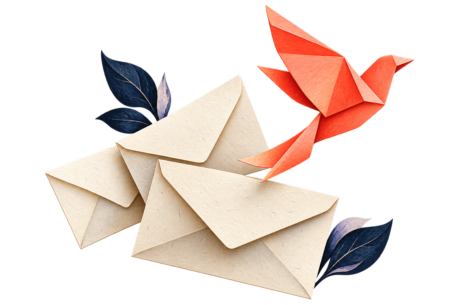 Ivory paper envelopes, a coral paper bird and indigo leaves