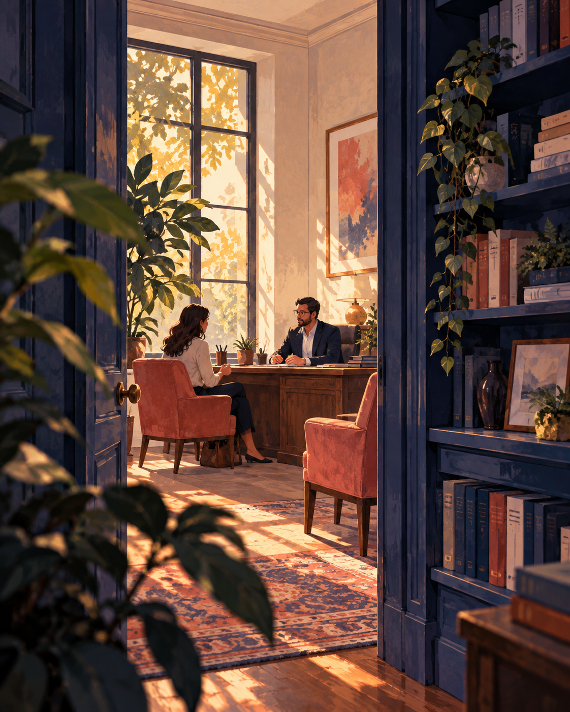 A warmly lit law office, painted in indigo and coral