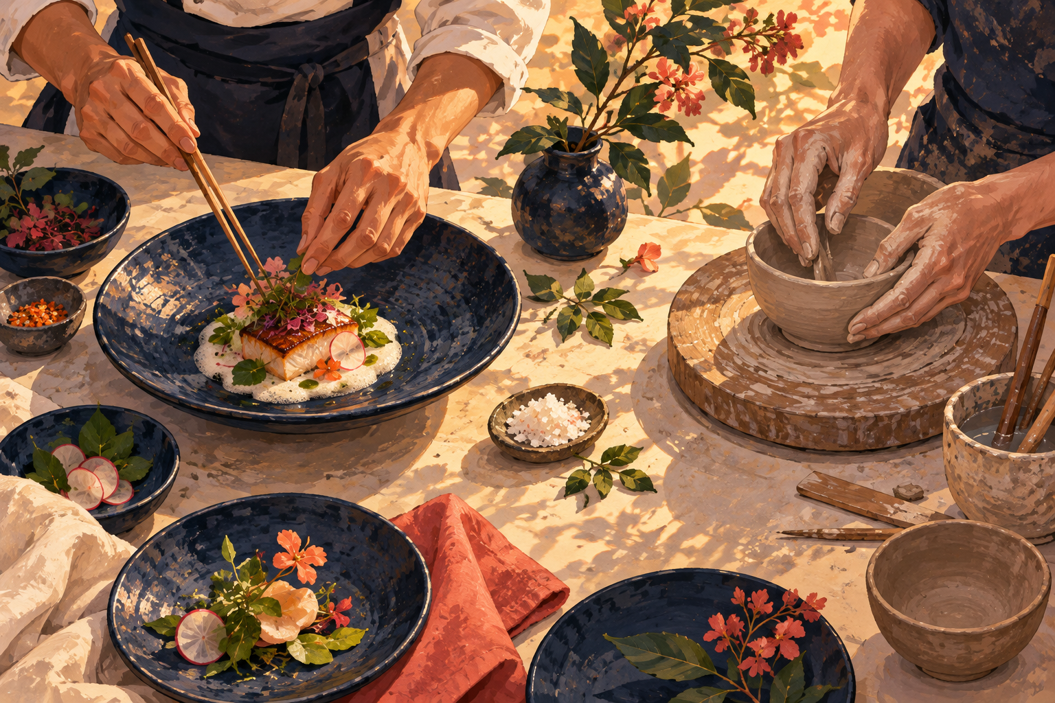 Food and hands-on craft, painted in warm coral and indigo